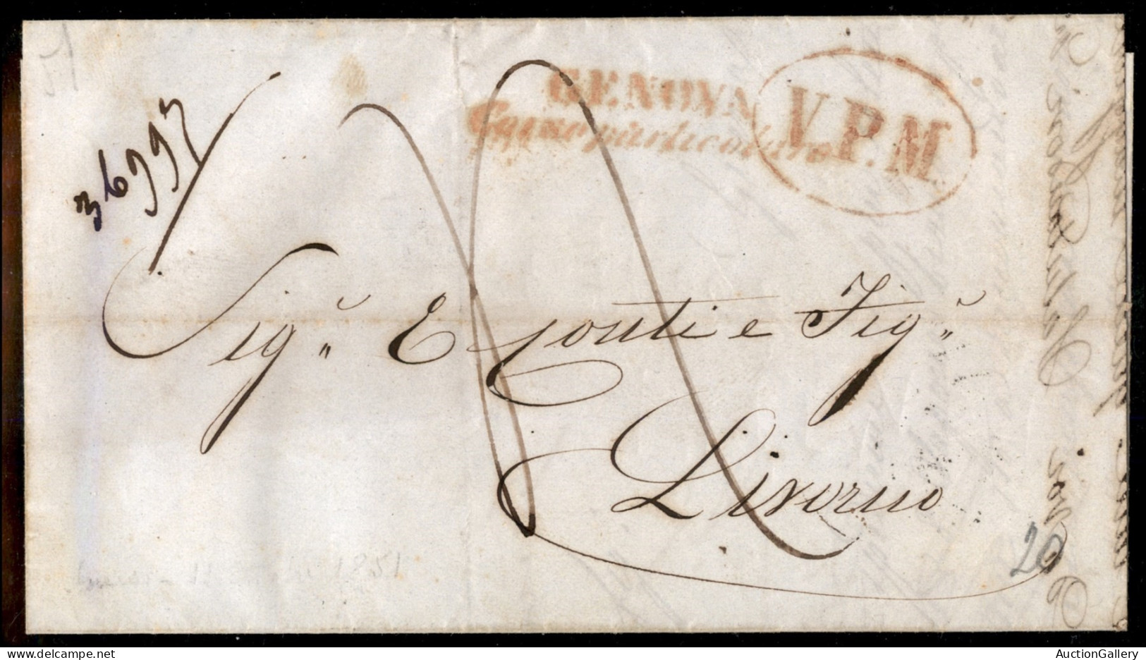 Antichi Stati Italiani - Sardegna - Genova Corso Particolare + V.P.M. - Lettera Per Livorno Del 11.10.1851 - Altri & Non Classificati