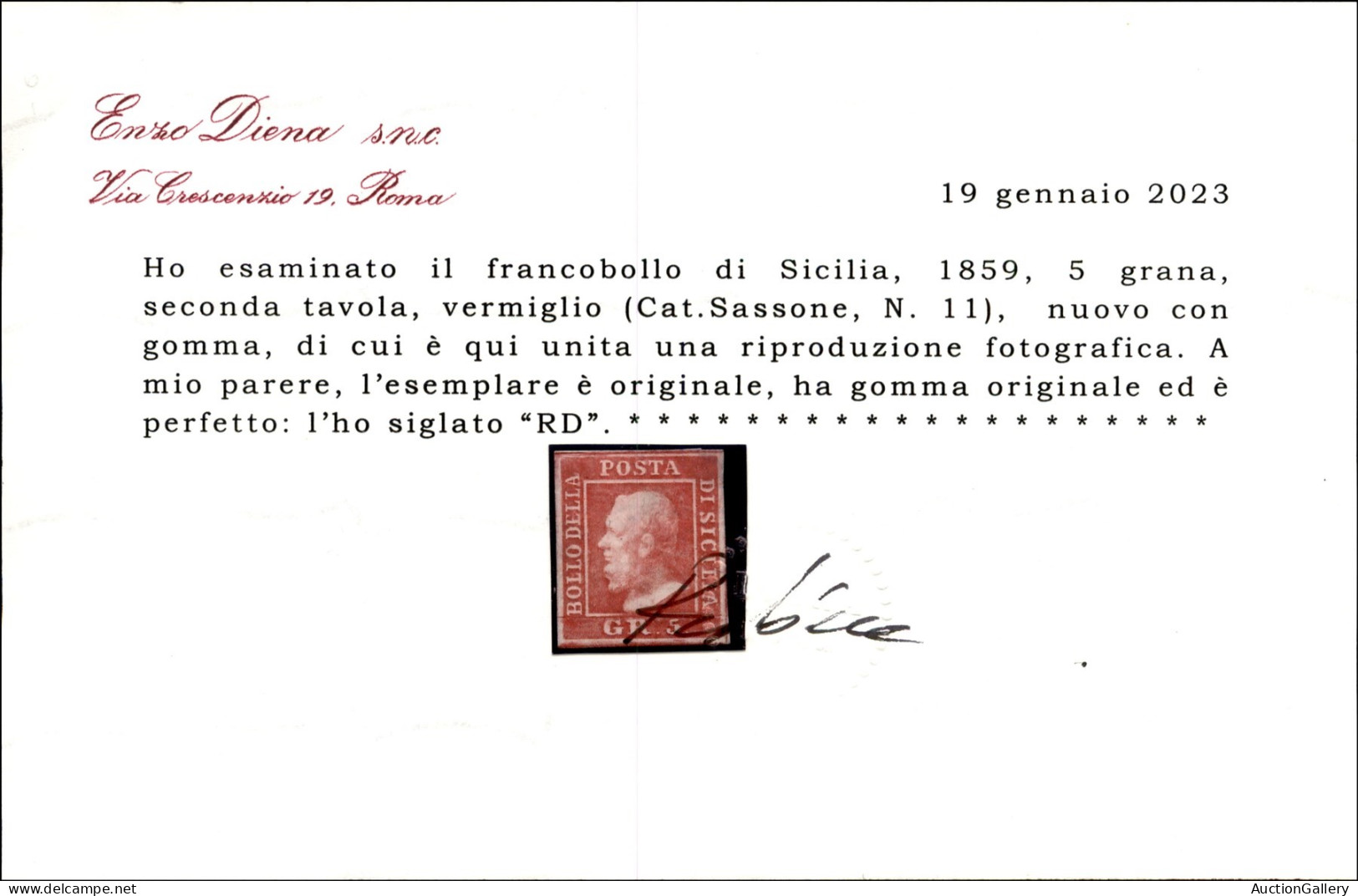 Antichi Stati Italiani - Sicilia - 1859 - 5 Grana (11) Seconda Tavola - Gomma Originale - Cert. R. Diena - Altri & Non Classificati