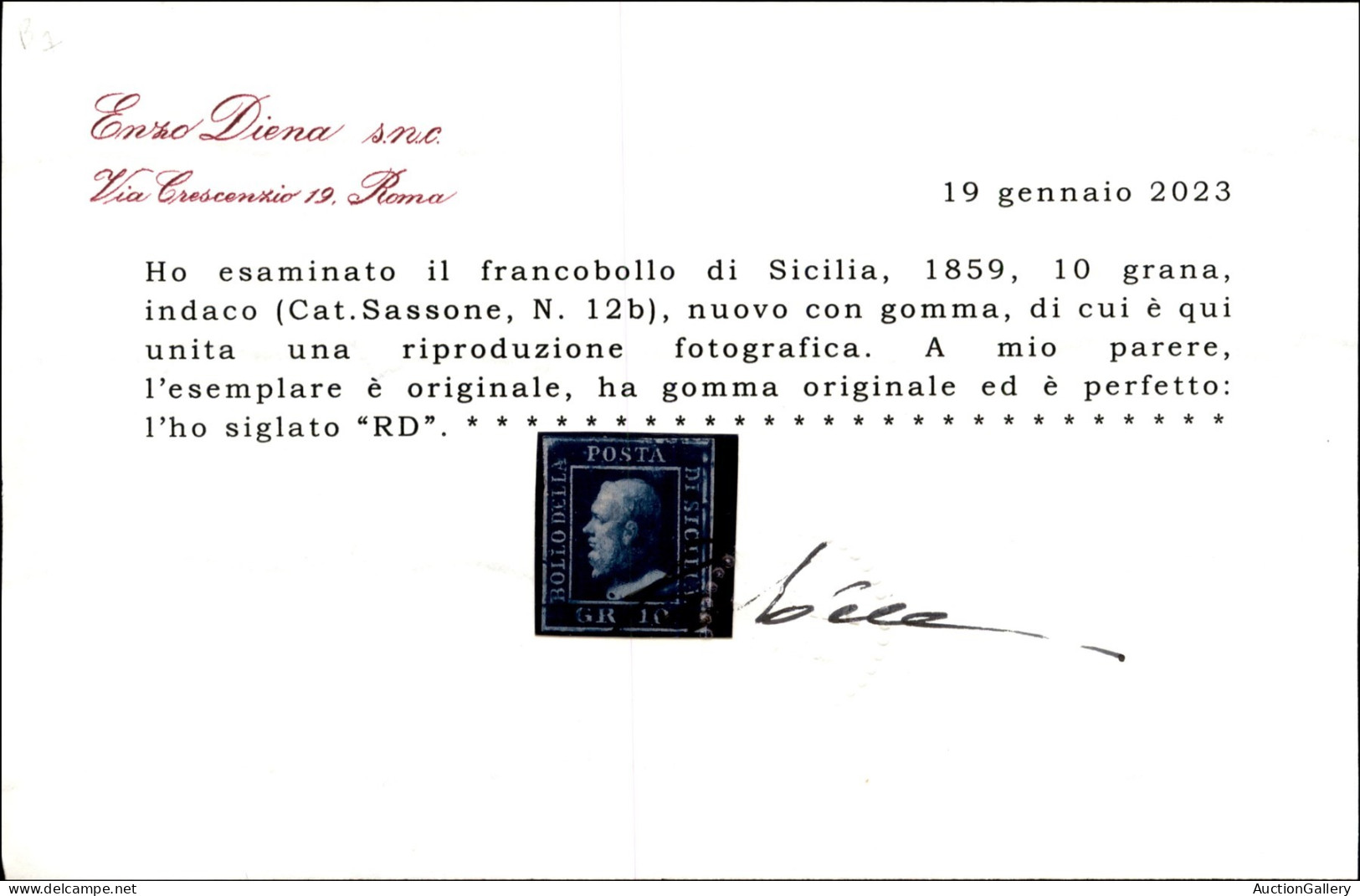 Antichi Stati Italiani - Sicilia - 1859 - 10 Grana Indaco (12b) - Gomma Originale Con Forte Linguella Al Retro - Cert. R - Autres & Non Classés