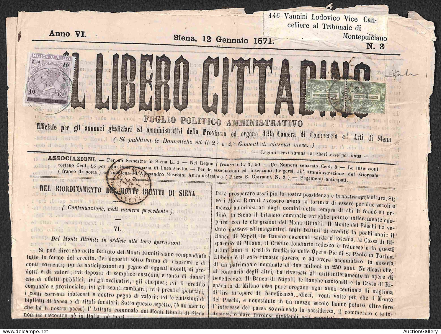 Regno - Vittorio Emanuele II - Coppia Del 1 Cent Torino (T14) + Marca Da Bollo Da 10 Cent - Giornale Da Siena A Montepul - Altri & Non Classificati