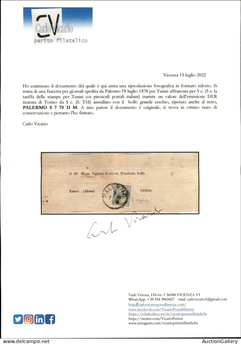 Regno - Vittorio Emanuele II - Fascetta Per Giornali Affrancata Con 5 Cent (T16) Da Palermo A Tunisi Del 8.7.78 - Cert.  - Otros & Sin Clasificación