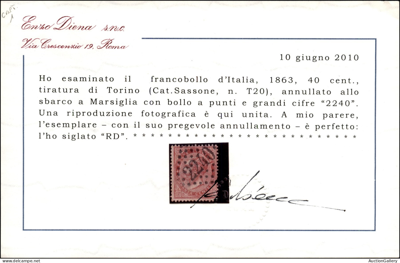 Regno - Vittorio Emanuele II - 2240 A Punti Di Marsiglia Usato Su 40 Cent De La Rue (L20) - Cert R. Diena - Other & Unclassified