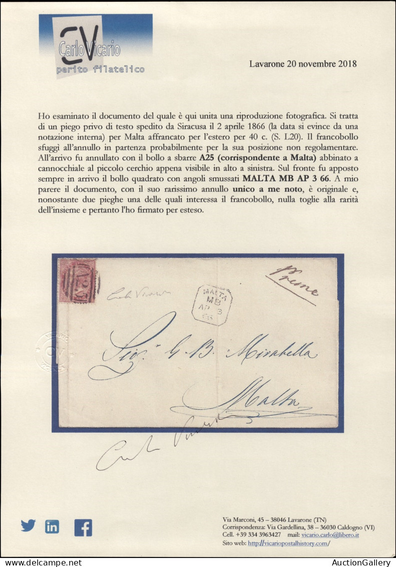 Regno - Vittorio Emanuele II - 40 Cent De La Rue (L20) Su Lettera Da Siracusa A Malta - Annullato In Arrivo Il 3.4.66 -  - Andere & Zonder Classificatie