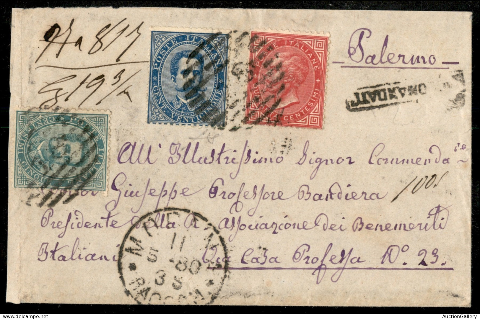 Regno - Umberto I - Affrancatura Tre Colori - 40 Cent Vitt. Em. II + 5 Cent + 25 Cent Umberto I (20 + 37 + 40) Su Fronte - Sonstige & Ohne Zuordnung