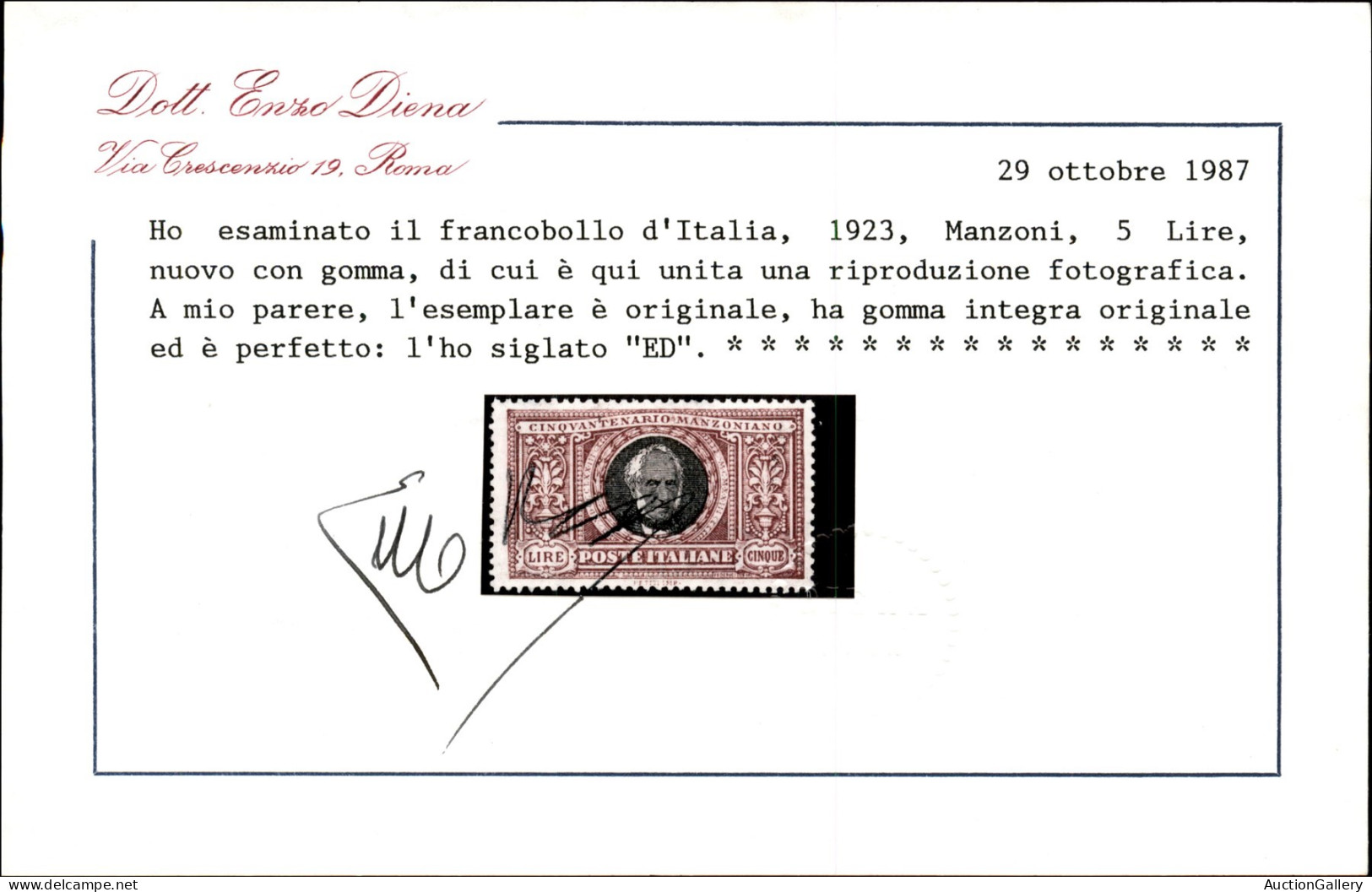 Regno - Vittorio Emanuele III - 1923 - Manzoni (151/156) - Serie Completa - Gomma Integra - Cert. E. Diena - Other & Unclassified