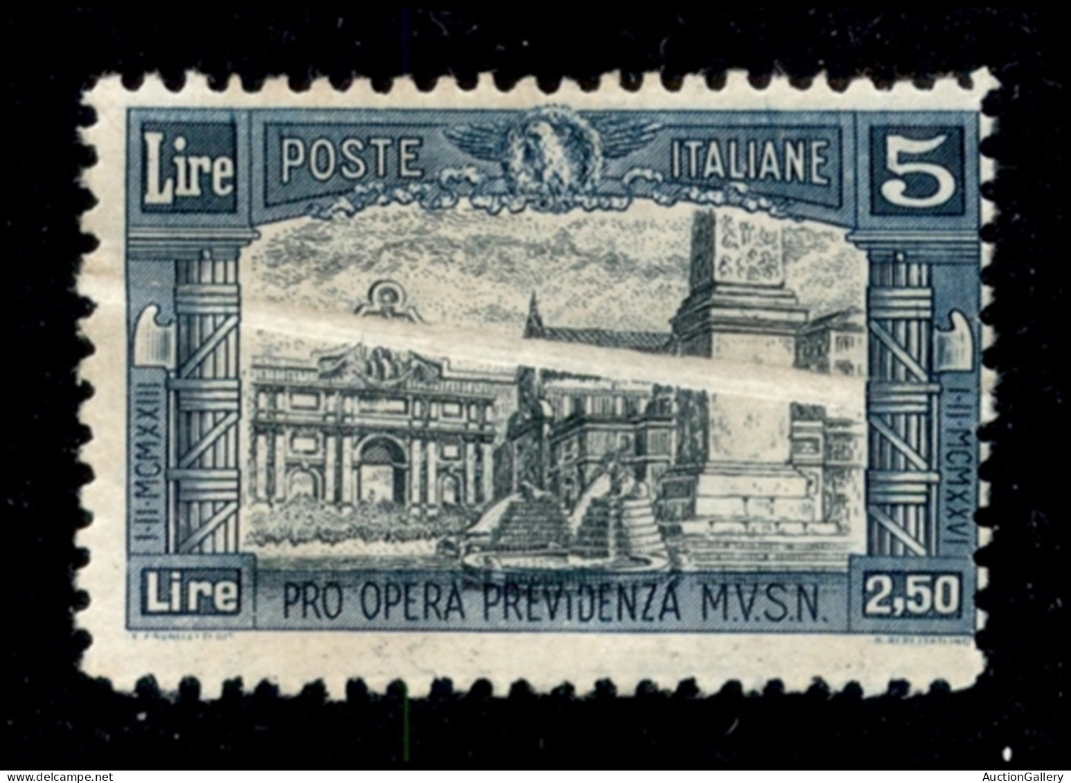 Regno - Vittorio Emanuele III - 1926 - 5 Lire + 2,50 Lire Milizia (209 - Varietà) - Piega Diagonale Di Carta Successiva  - Sonstige & Ohne Zuordnung