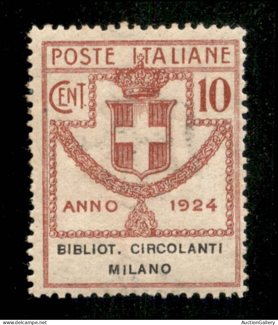 Regno - Servizi - 1924 - 10 Cent Bibliot. Circolanti Milano (14) - Ottimamente Centrato - Gomma Integra - Cert. AG - Autres & Non Classés