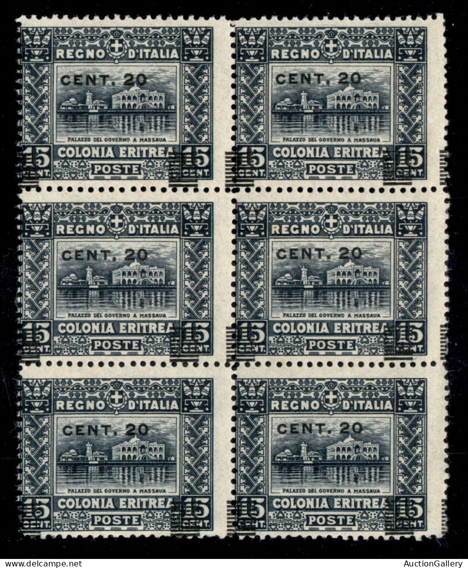 Colonie - Eritrea - 1916 - Blocco Di Sei Del 20 Su 15 Cent (46 Tipo C) Con Soprastampa Spostata A Sinistra - Gomma Integ - Andere & Zonder Classificatie