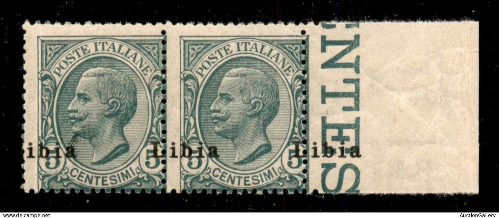 Colonie - Libia - 1912 - 5 Cent Leoni (3p + 3 Lc) - Coppia Orizzontale Bordo Foglio Con Soprastampa Obliqua Spostata A D - Autres & Non Classés