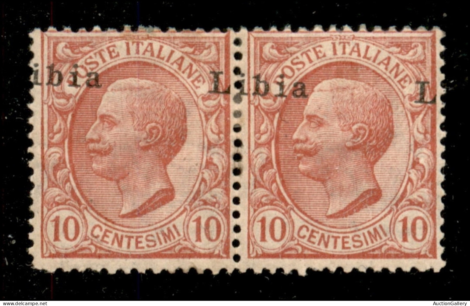 Colonie - Libia - 1912 - 10 Cent Leoni (4 Varietà Lb) - Coppia Orizzontale Con Soprastampa In Alto Obliqua A Cavallo (ib - Autres & Non Classés