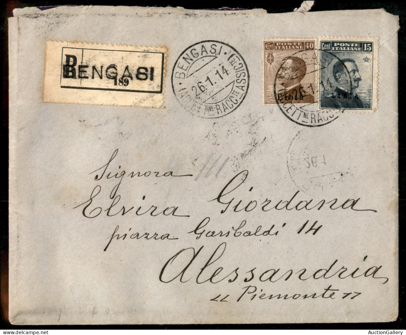 Colonie - Libia - 40 Cent (8) + 15 Cent (5) - Raccomandata Da Bengasi A Alessandria Del 26.1.1914 - Autres & Non Classés