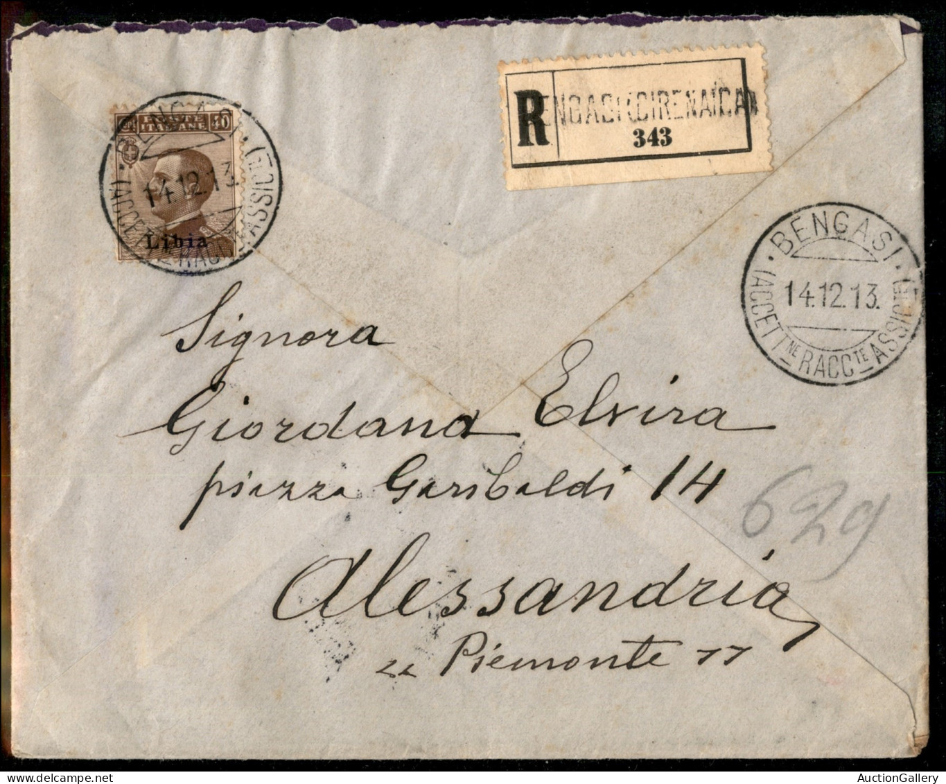 Colonie - Libia - 40 Cent (8) A Chiudilettera - Raccomandata Da Bengasi Cirenaica Per Alessandria Del 14.12.1913 - Autres & Non Classés