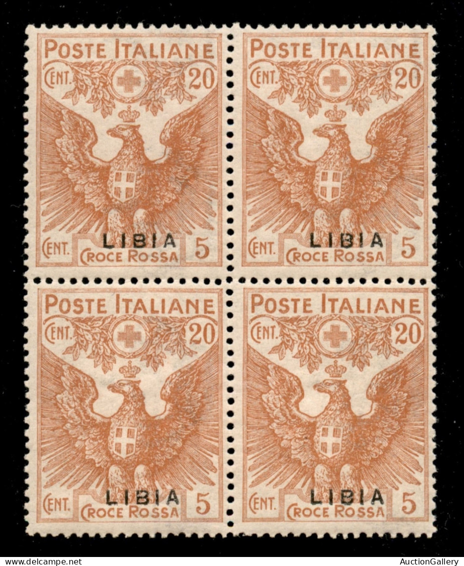 Colonie - Libia - 1916 - 20 Cent Croce Rossa (16ac) In Quartina - Soprastampa Sottile In Basso - Gomma Integra - Otros & Sin Clasificación