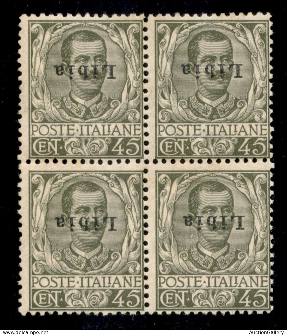 Colonie - Libia - 1917 - 45 Cent Floreale (18a) - Quartina Con Soprastampe Capovolte - Gomma Integra - Diena + Cert. AG - Altri & Non Classificati