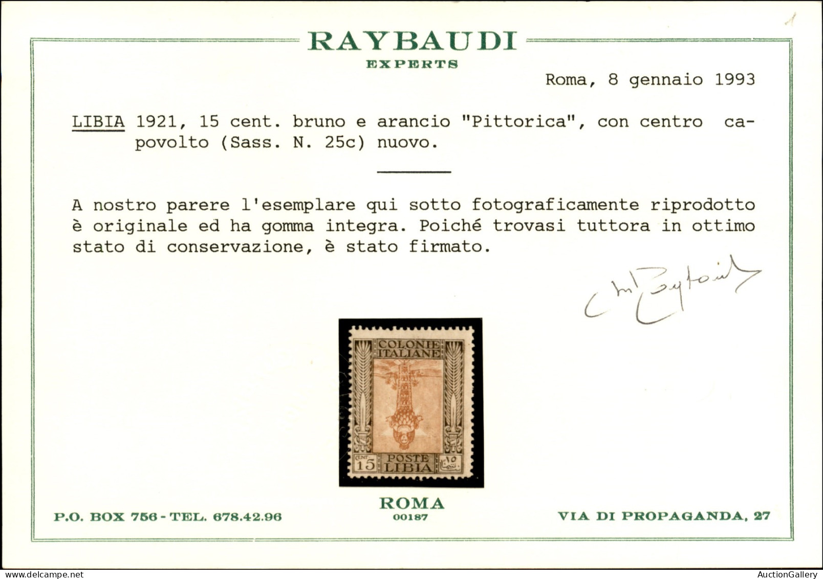 Colonie - Libia - 1921 - Centro Capovolto - 15 Cent Pittorica (25c) - Gomma Integra - Cert. Raybaudi - Andere & Zonder Classificatie