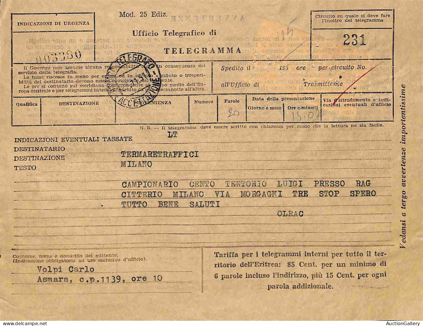 Occupazioni straniere delle colonie - Occupazione Britannica - B.M.A./B.A. Eritrea - Insieme di 4 telegrammi affrancati 