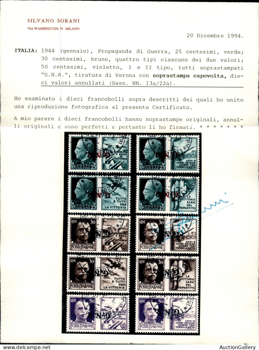 Repubblica Sociale - G.N.R. Verona - 1944 - Propaganda (13a/22a) - Soprastampe Capovolte - Serie Completa - Usata - Cert - Autres & Non Classés