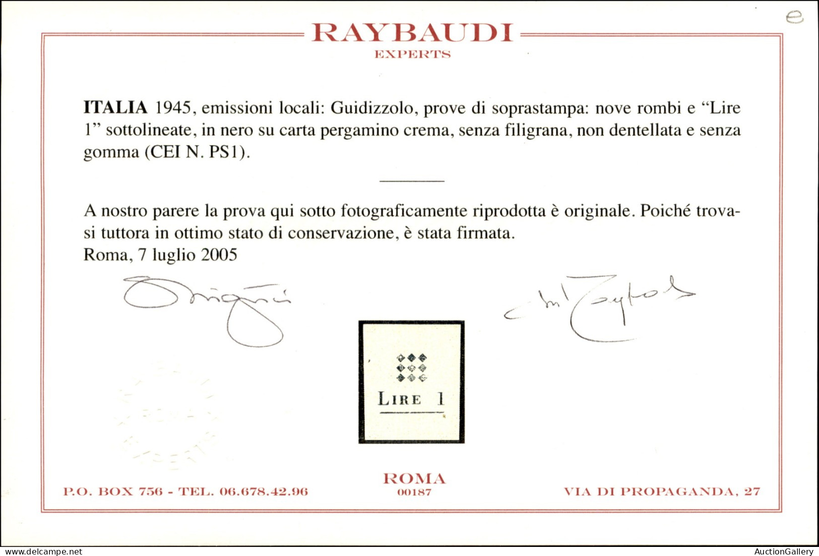 Emissioni Locali - Guidizzolo - 1945 - Prova Di Macchina Della Soprastampa (1) - Sempre Senza Gomma - Cert. Raybaudi - Andere & Zonder Classificatie