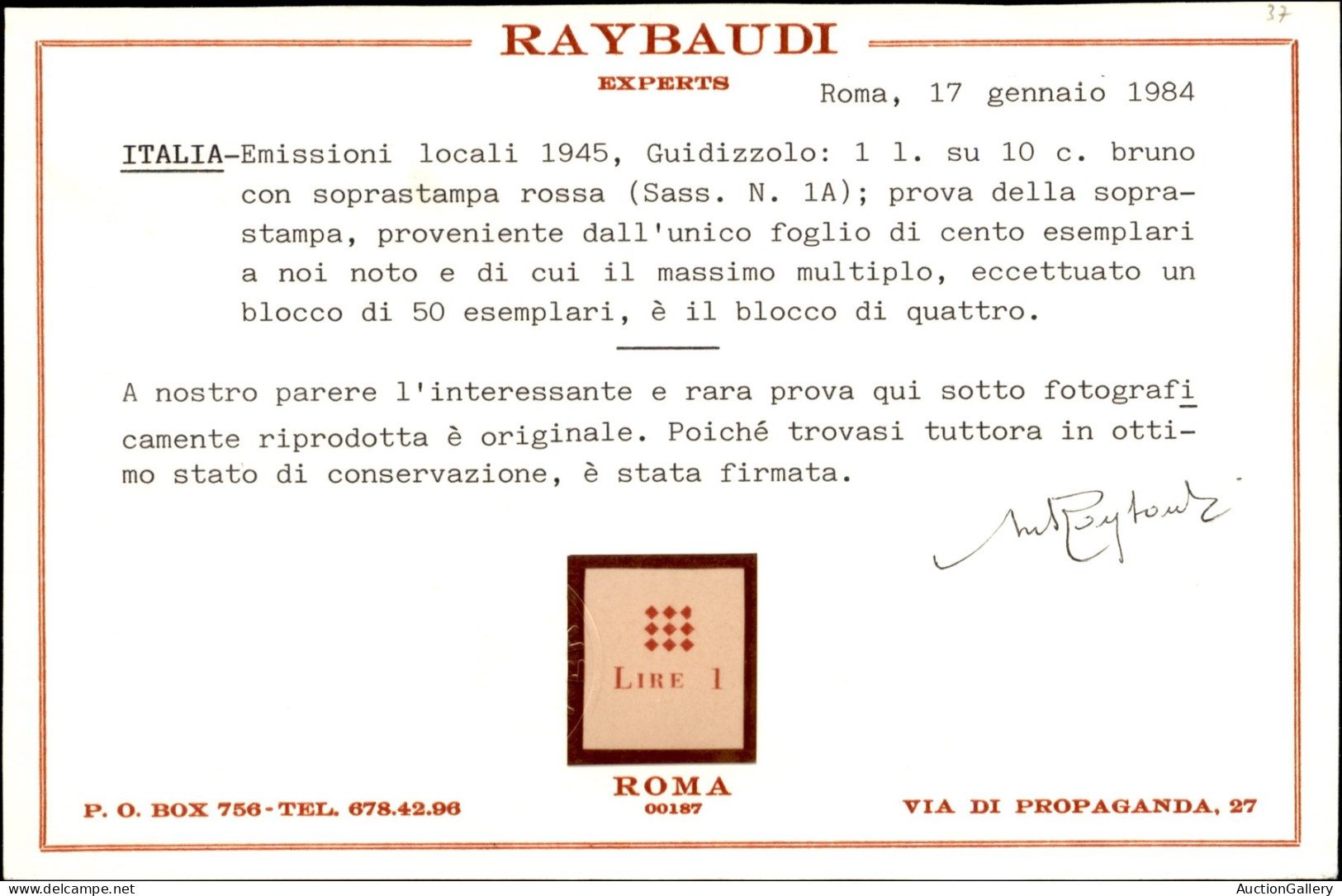 Emissioni Locali - Guidizzolo - 1945 - Prova Del 1 Lira Su 10 Cent (1A - Rosso) - Senza Gomma - Cert Raybaudi - Other & Unclassified