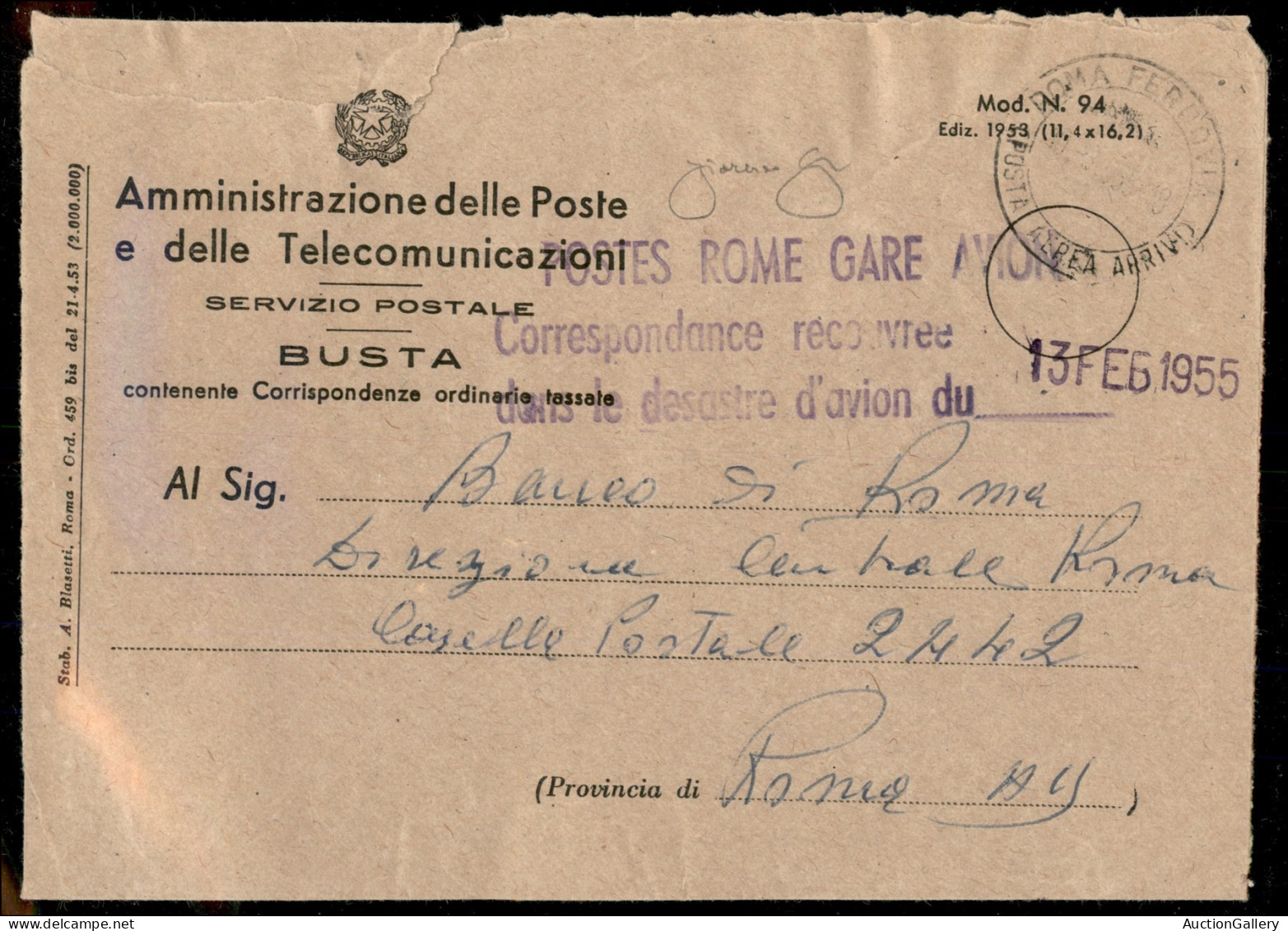 1955 - Busta Di Servizio Delle Poste Con Timbro "posta Recuperata" Relativa All'incidente Aereo Sul Monte Terminillo Del - Andere & Zonder Classificatie