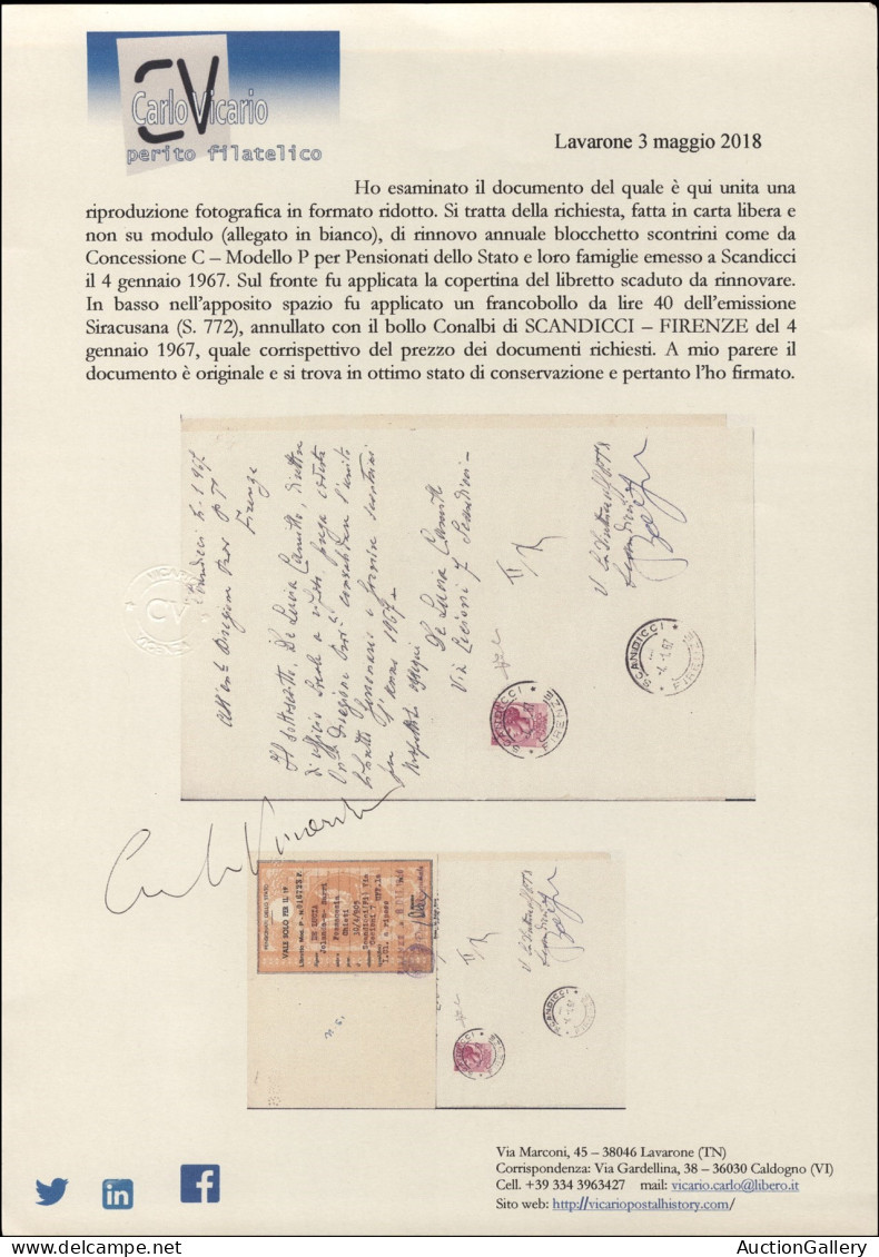 Repubblica - 40 Lire Siracusana (772) Usato Su Modulo Per Richiesta Rinnovo Concessioni - Scandicci 4.1.67 - Otros & Sin Clasificación