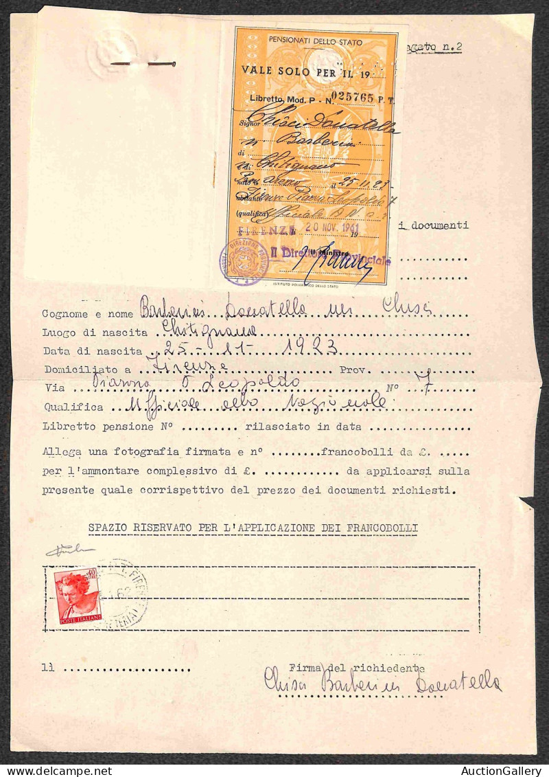Repubblica - 40 Lire Michelangiolesca (906) Su Modulo Per Richiesta Rinnovo Concessioni - Firenze 5.1.62 - Autres & Non Classés
