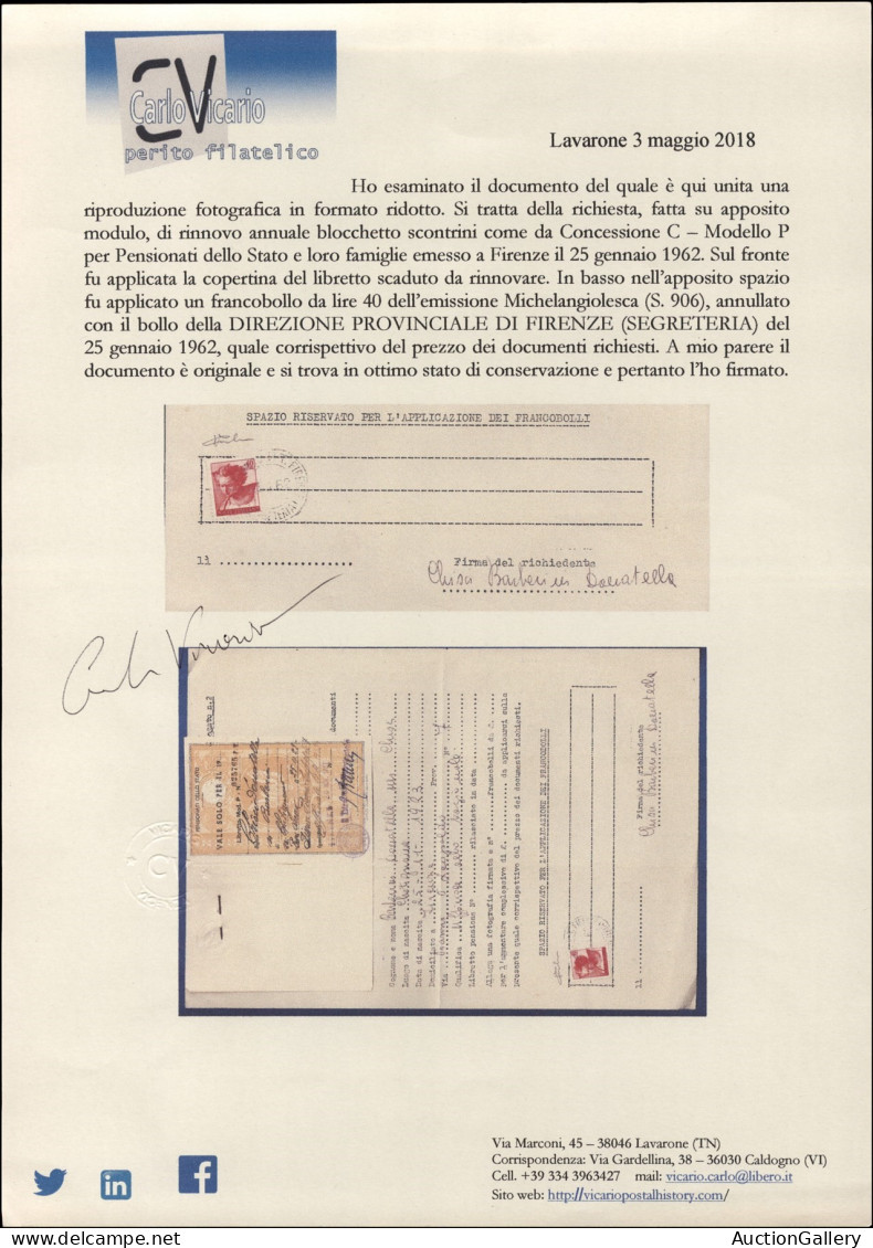 Repubblica - 40 Lire Michelangiolesca (906) Su Modulo Per Richiesta Rinnovo Concessioni - Firenze 5.1.62 - Autres & Non Classés