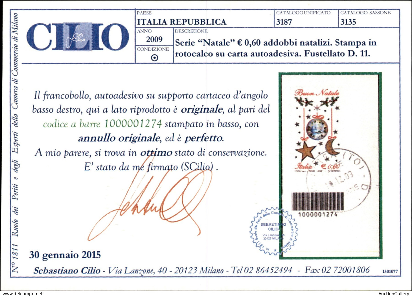 Repubblica - 2009 - 60 Cent Natale (3135) Con Codice A Barre - Usato - Cert. Cilio - Other & Unclassified