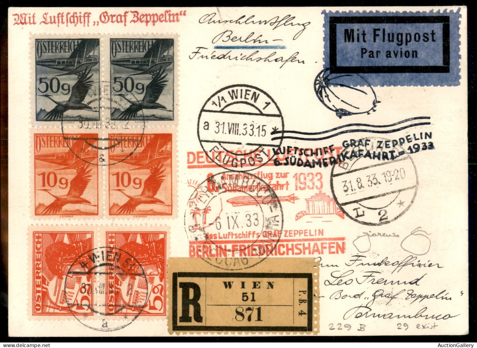Europa - Austria - Zeppelin VI Sudamerikafahrt - Cartolina Raccomandata Con Affrancatura Mista (A12 + A15 + A17 + A19 +  - Autres & Non Classés