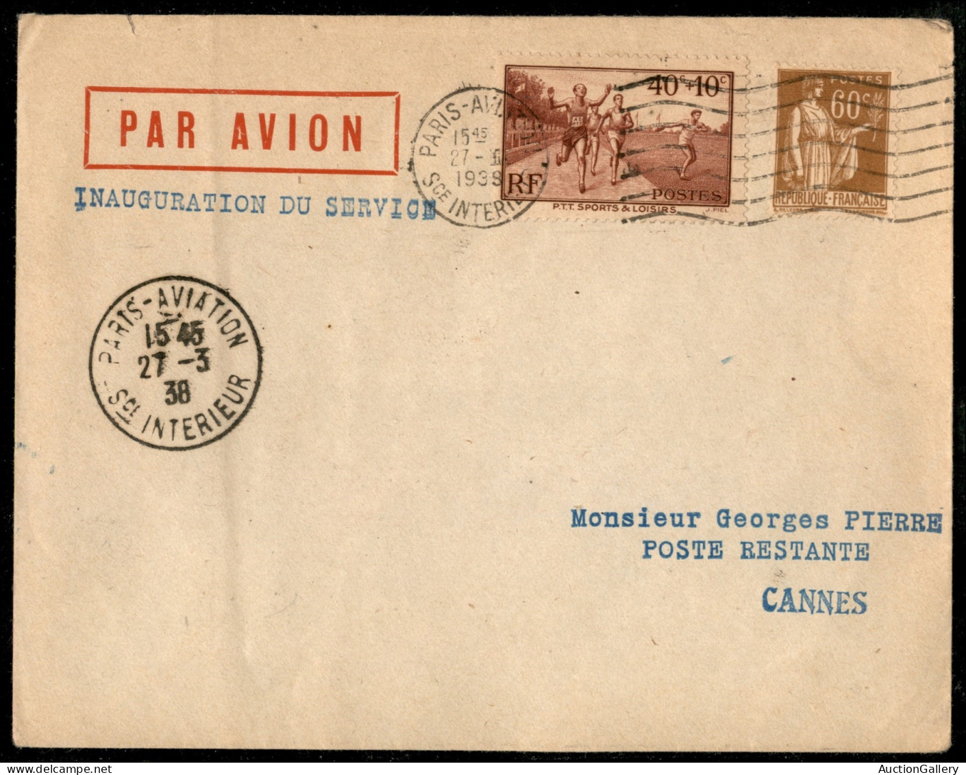 Europa - Francia - 1938 (27 Marzo) - Parigi Cannes - Aerogramma Del Volo - Other & Unclassified