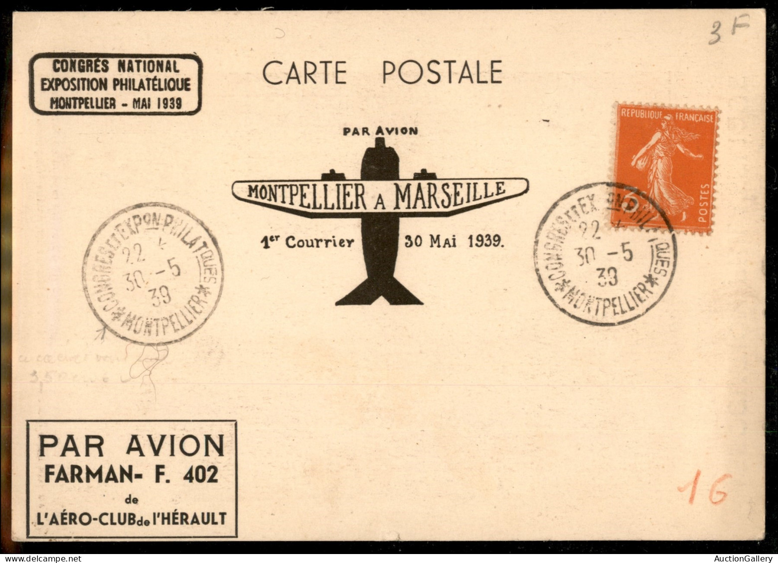 Europa - Francia - 1939 (30 Maggio) - Montpellier Marsiglia - Muller 454 - Cartolina Ufficiale Del Volo - Andere & Zonder Classificatie