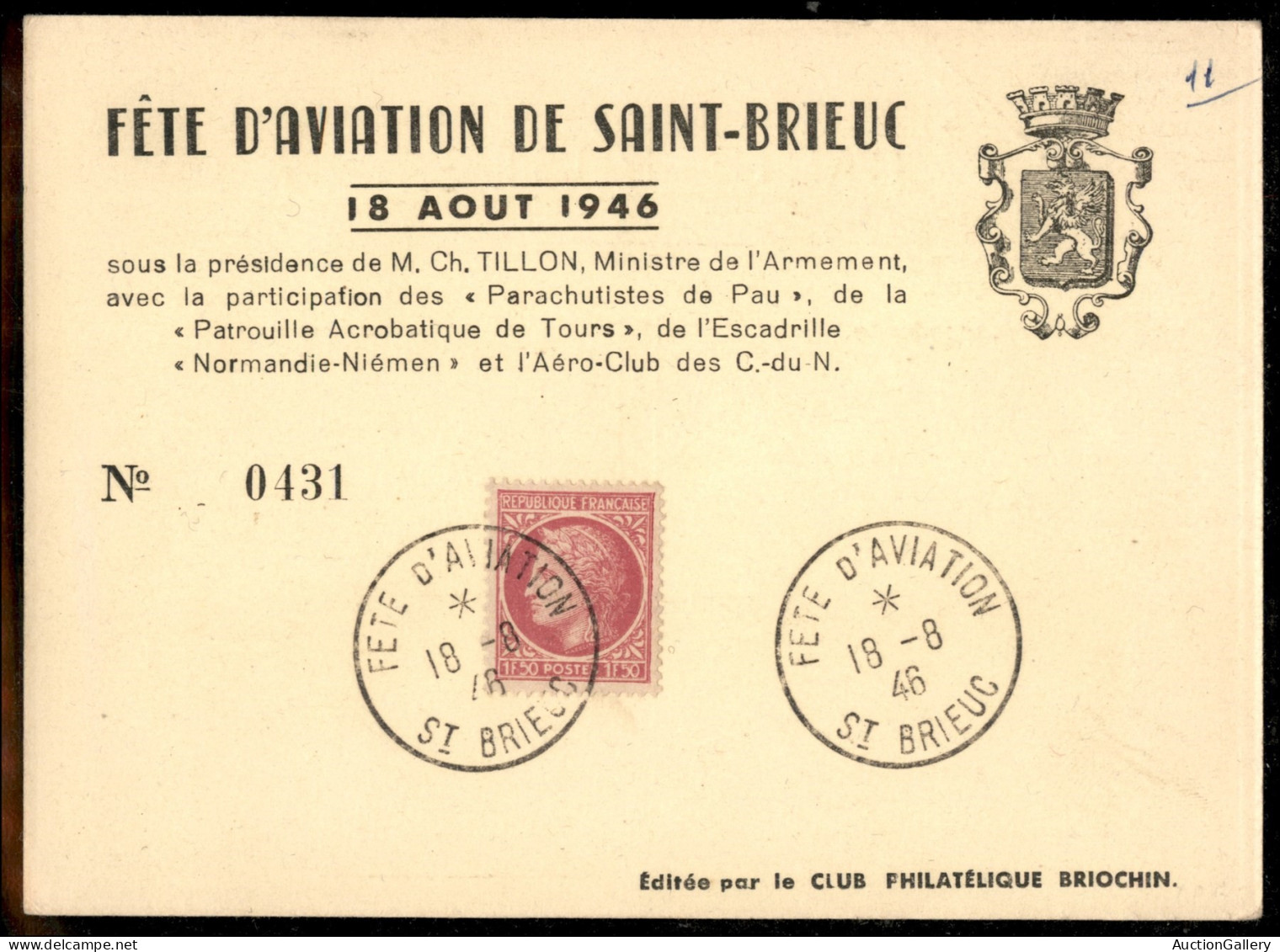 Europa - Francia - 1946 (18 Agosto) - Saint Brieuc/Festa D'Aviazione - Muller 351 - Cartolina Ufficiale - Autres & Non Classés