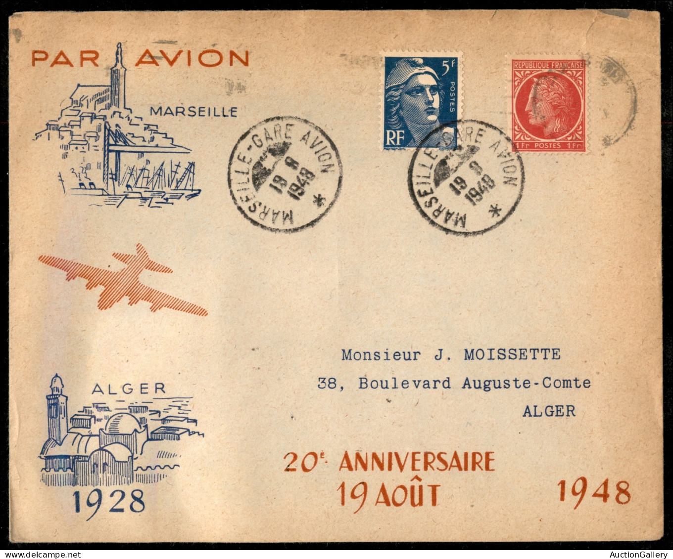 Europa - Francia - 1948 (19 Agosto) - Marsiglia Algeri - Muller 655 - Aerogramma Del Volo - Otros & Sin Clasificación