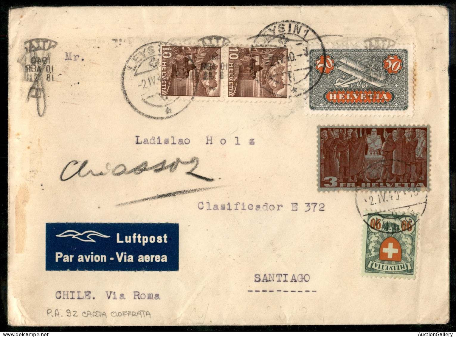 Europa - Svizzera - 1940 (2 Aprile) - Leysin Santiago Del Cile - Autres & Non Classés