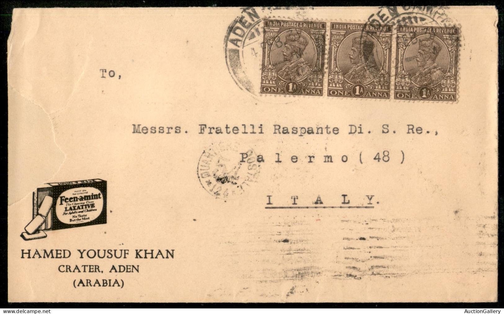 Oltremare - Aden - Feen A Mint Laxative - Busta Pubblicitaria Per Palermo Del 4.2.1931 (India 102 Striscia Di 3) - Altri & Non Classificati