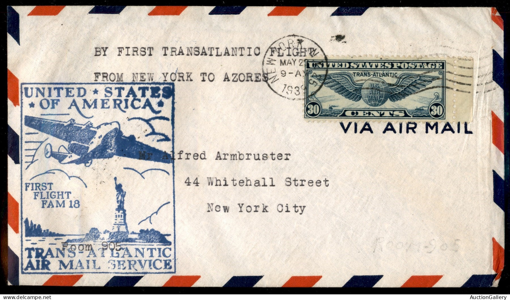 Oltremare - Stati Uniti D'America - 1939 (20 Maggio) - New York Horta - Primo Volo Transatlantico F.a.m. 18 - Muller 427 - Other & Unclassified