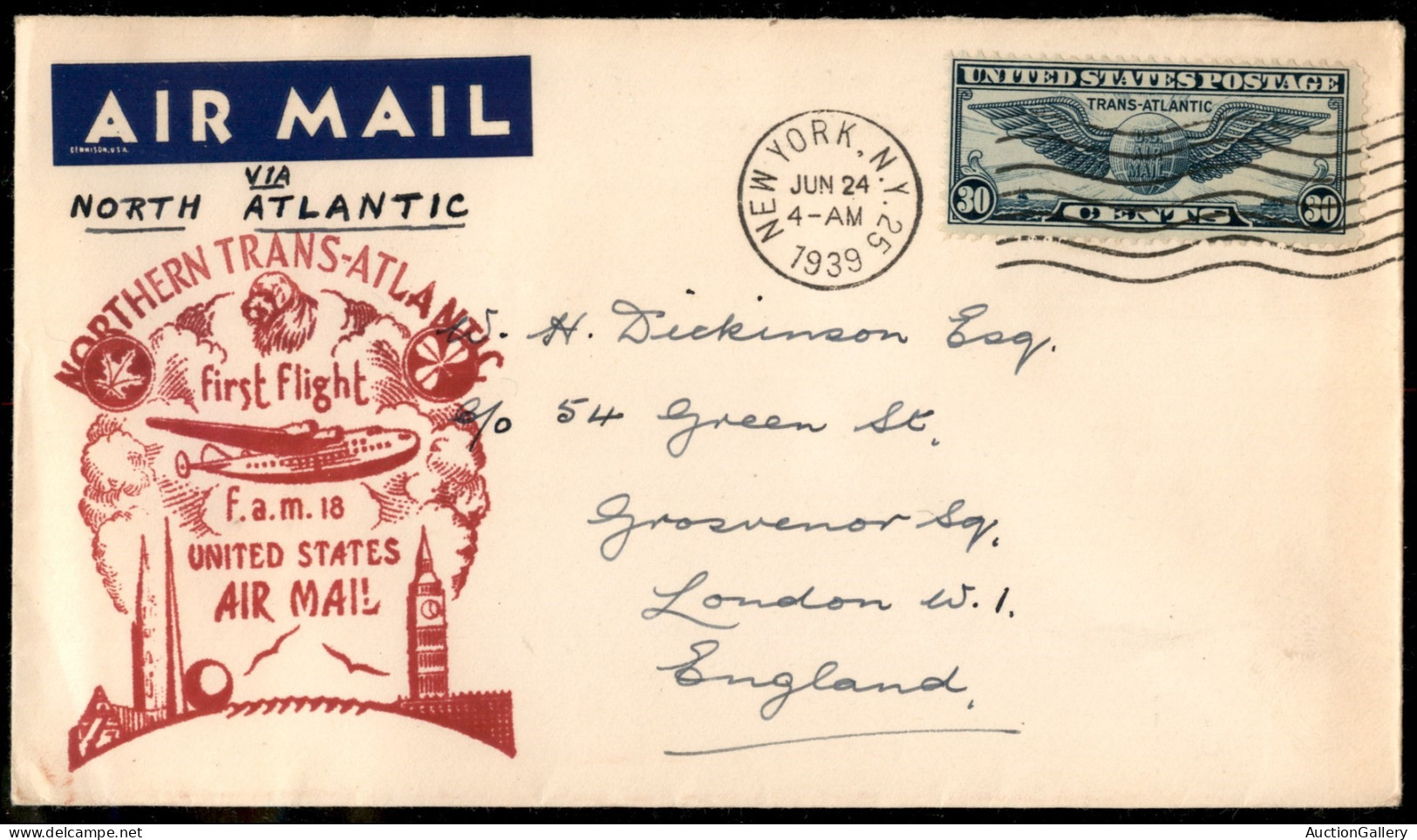 Oltremare - Stati Uniti D'America - 1939 (24 Giugno) - New York Londra - Primo Volo F.a.m. 18 - Other & Unclassified