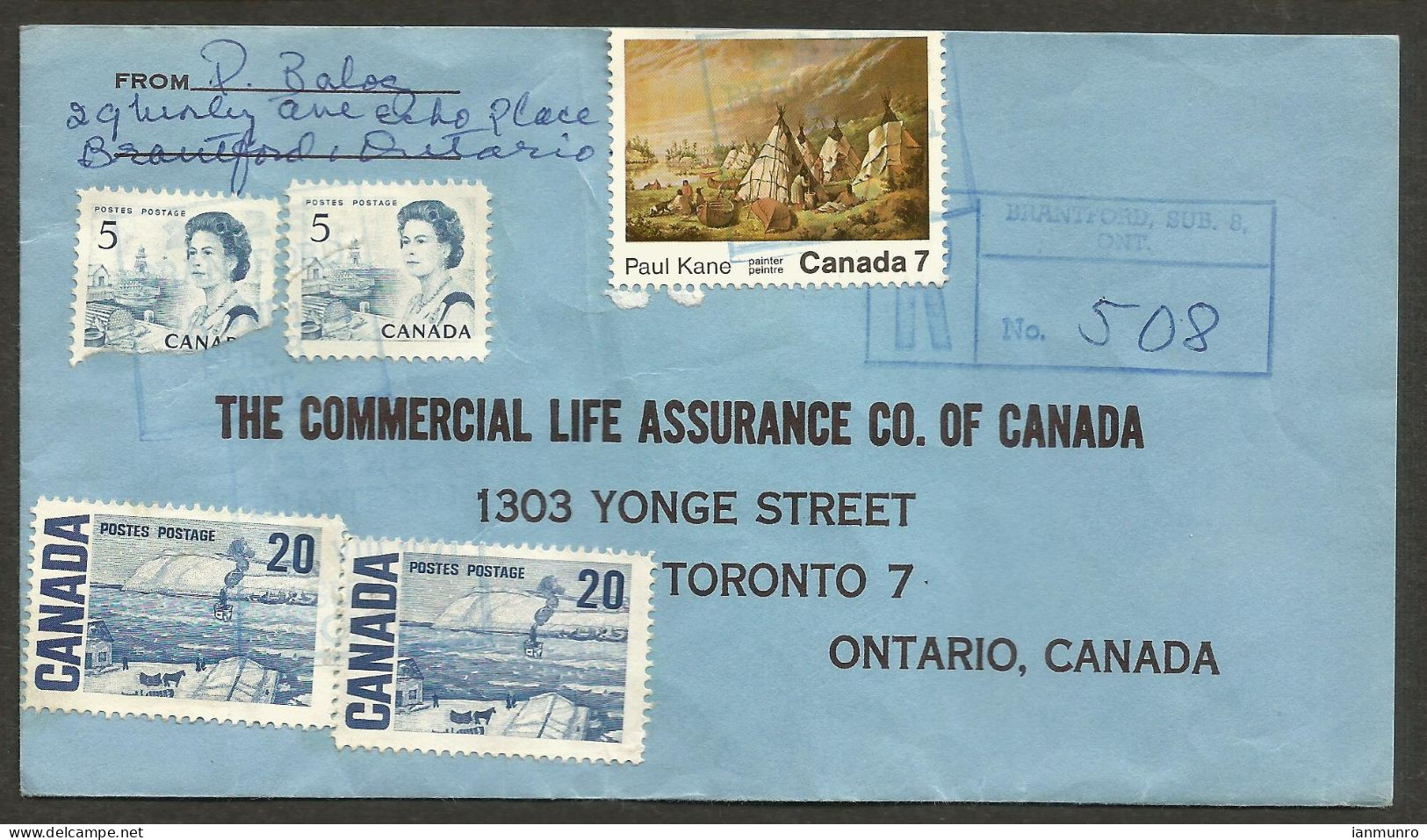 1971 Registered Cover 57c Centennials/Paul Kane MOON Brantford Sub 8 Ontario To Toronto - Historia Postale