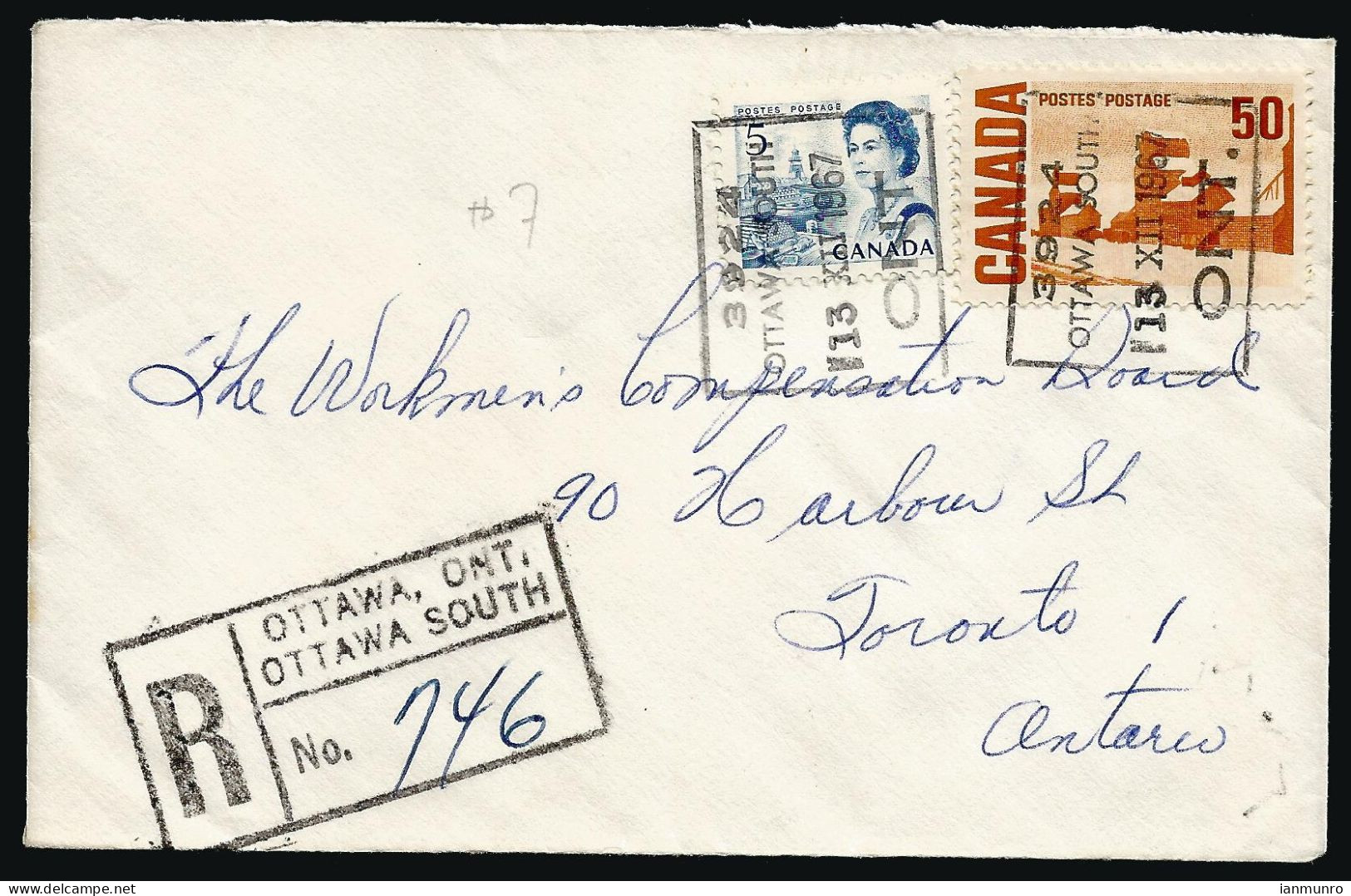 1967 Registered Cover 55c Centennial MOON Ottawa South To Toronto Ontario - Histoire Postale