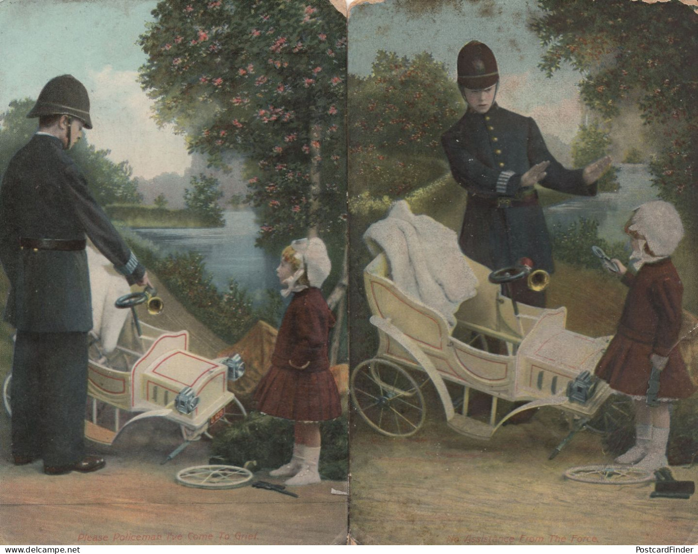 Child Policeman Helps Girl After Toy Car Accident 2x Old Worn Postcard S - Police - Gendarmerie