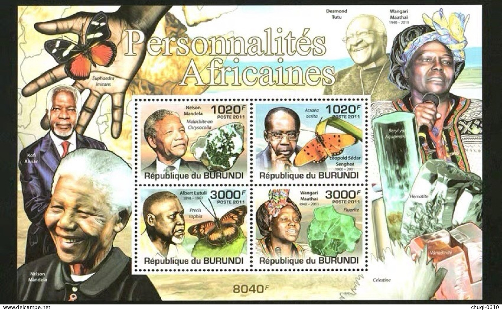 Burundi 2011 African Celebrity Mineral Butterfly Mandela Maathai,MS MNH - Unused Stamps