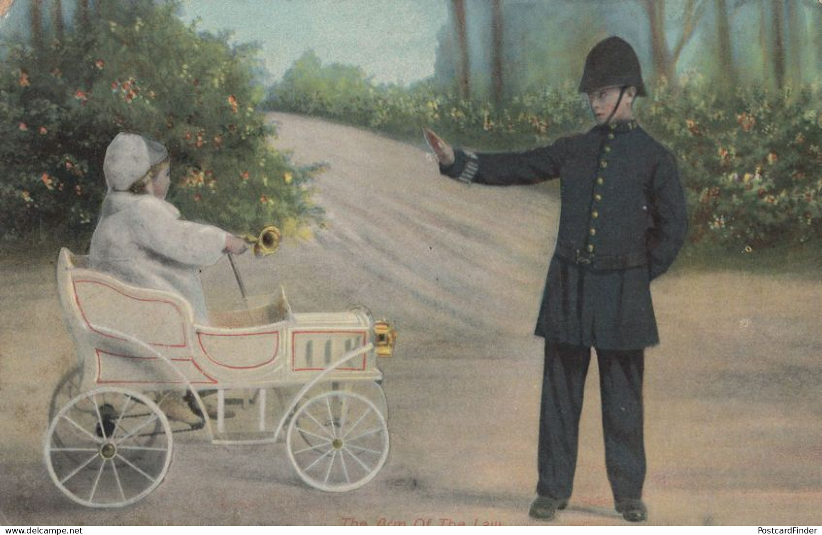 The Strong Arm Of The Law Policeman Stops Child Driver Old Postcard - Police - Gendarmerie