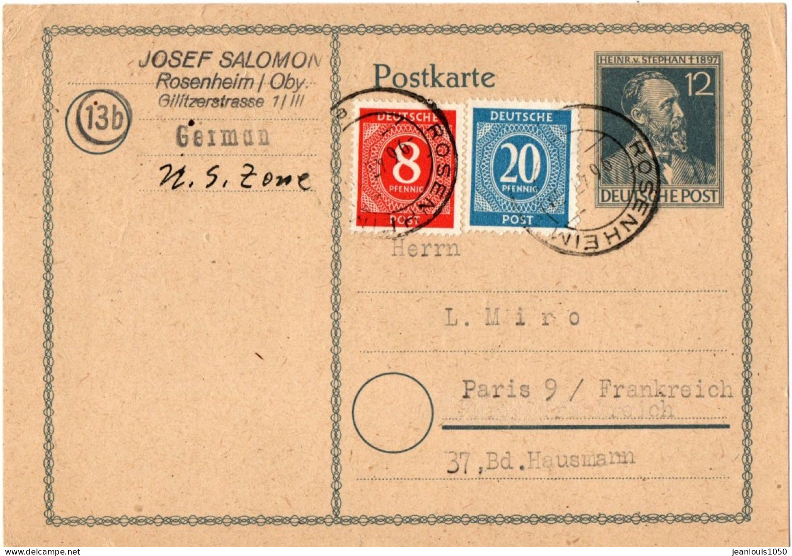 ALLEMAGNE ZONE AAS ENTIER CARTE12 Pf AVEC COMPLEMENT OBLITERE ROSENHEIM POUR LA FRANCE CENSURE - Interi Postali