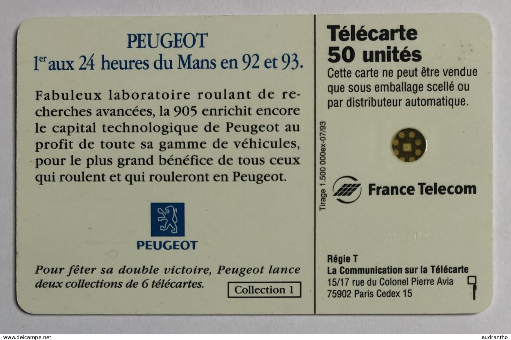 Télécarte Voiture PEUGEOT 905 - 24 Heures Du Mans 1992 - Voitures