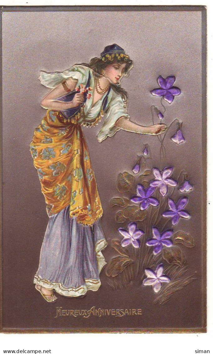 N°16475 - Carte En Relief - Art Nouveau - Heureux Anniversaire - Jeune Femme Cueillant Des Violettes - Geburtstag