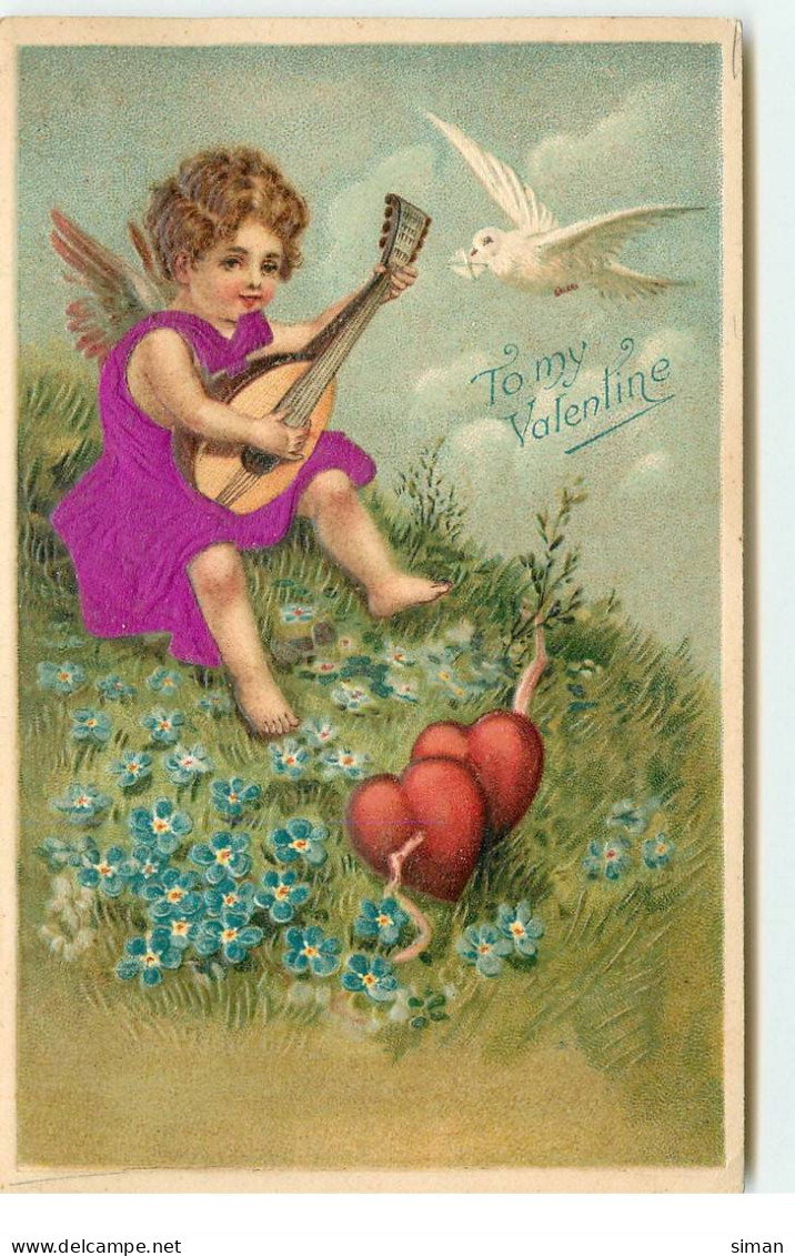 N°17576 - Carte Gaufrée - To My Valentine - Ange Jouant De La Mandoline à Une Colombe- Vêtement Tissu - Saint-Valentin