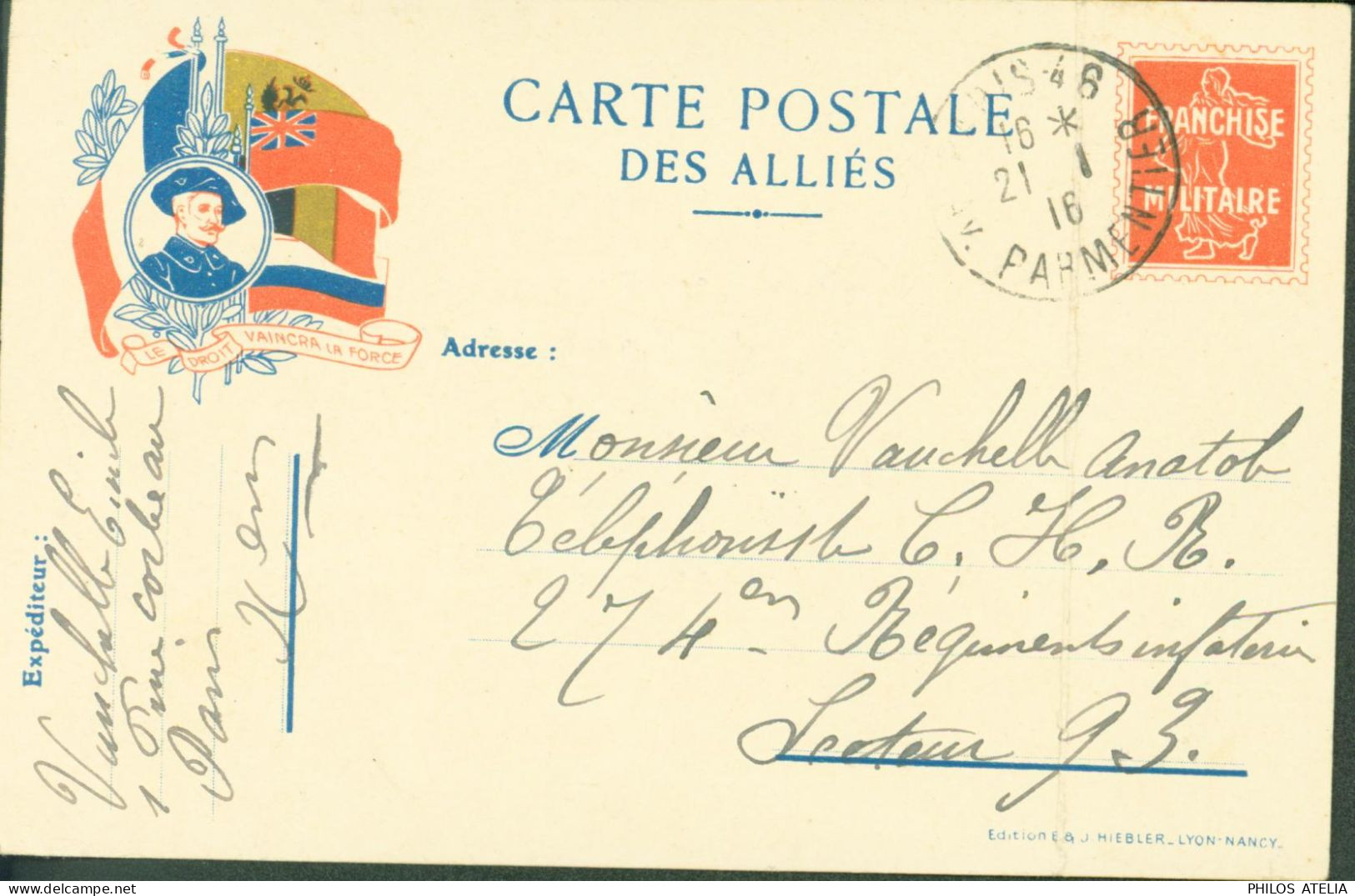 Guerre 14 Carte Postale Des Alliés Drapeaux Franchise Militaire Fausse Semeuse CP FM Le Droit Vaincra La Force - Guerra De 1914-18