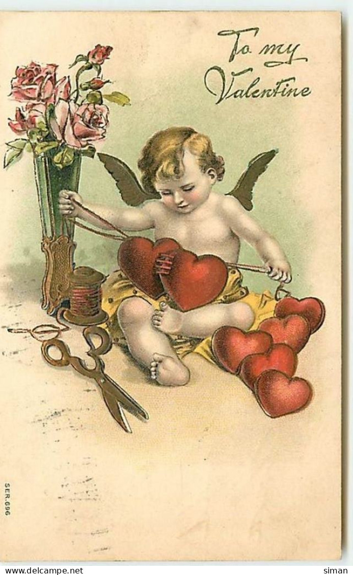 N°12985 - Carte Gaufrée - To My Valentine - Ange Accrochant Des Coeurs Ensemble - Valentinstag