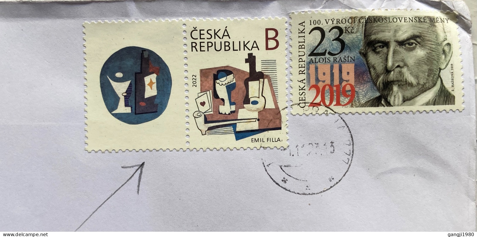 CZECH REPUBLIC 2023, COVER USED TO INDIA, 2022 EMIL PHILA, ART, PAINTING, MUSIC, EXTRA TAB, 2019  ALOIS RASIN FINANCE MI - Lettres & Documents