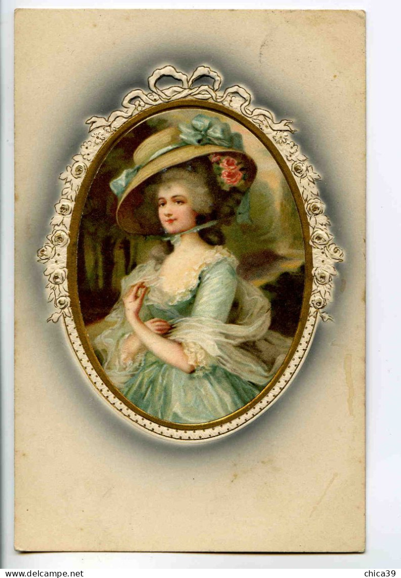 C508  -  4 Cartes - Jeunes Femmes Dans Un Médaillon, Chapeaux, Fleurs, Relief, Dorure - Mode